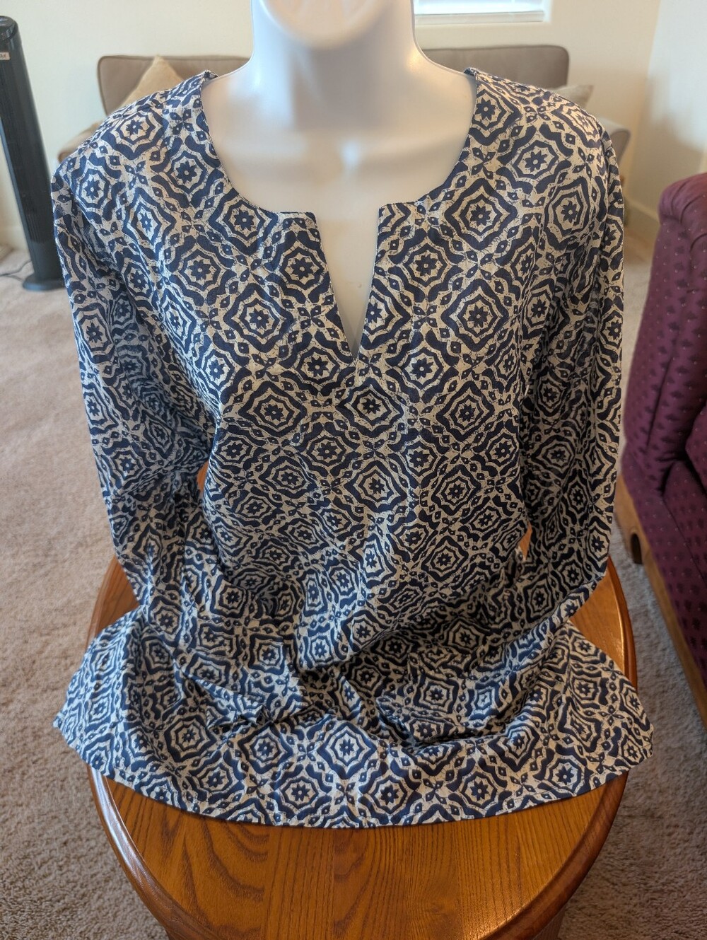 Women's Navy and White Cotton Printed Split-Neck Tunic, Size XL - NEW